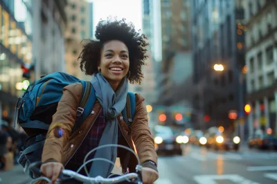 Young Woman Cycling Through Busy City Street