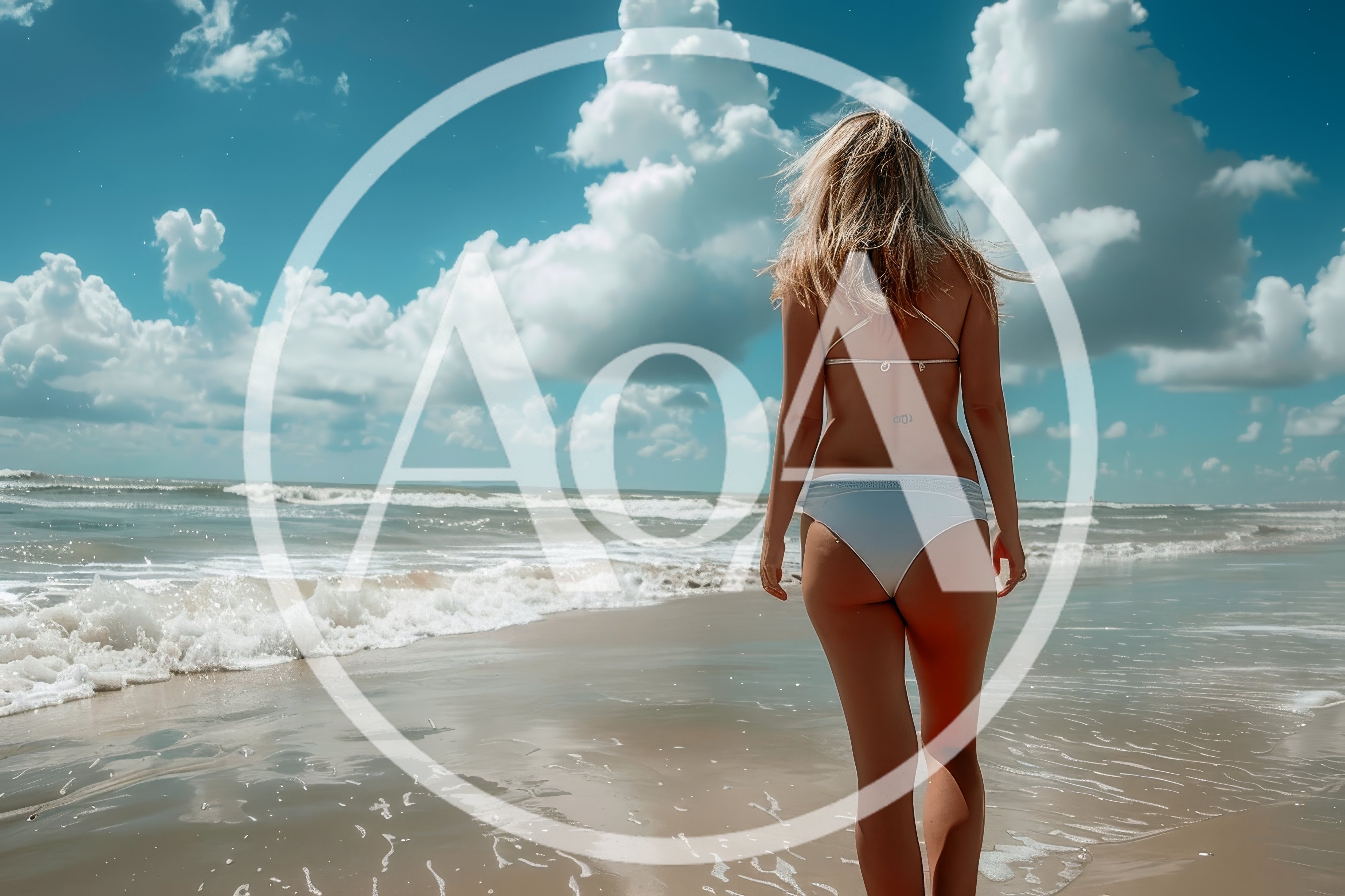 Woman Walking Along The Beach In A White Bikini