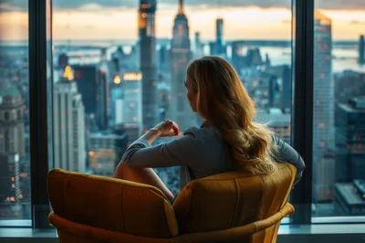 Businesswoman Looking Out Of High Rise Window At Sunset