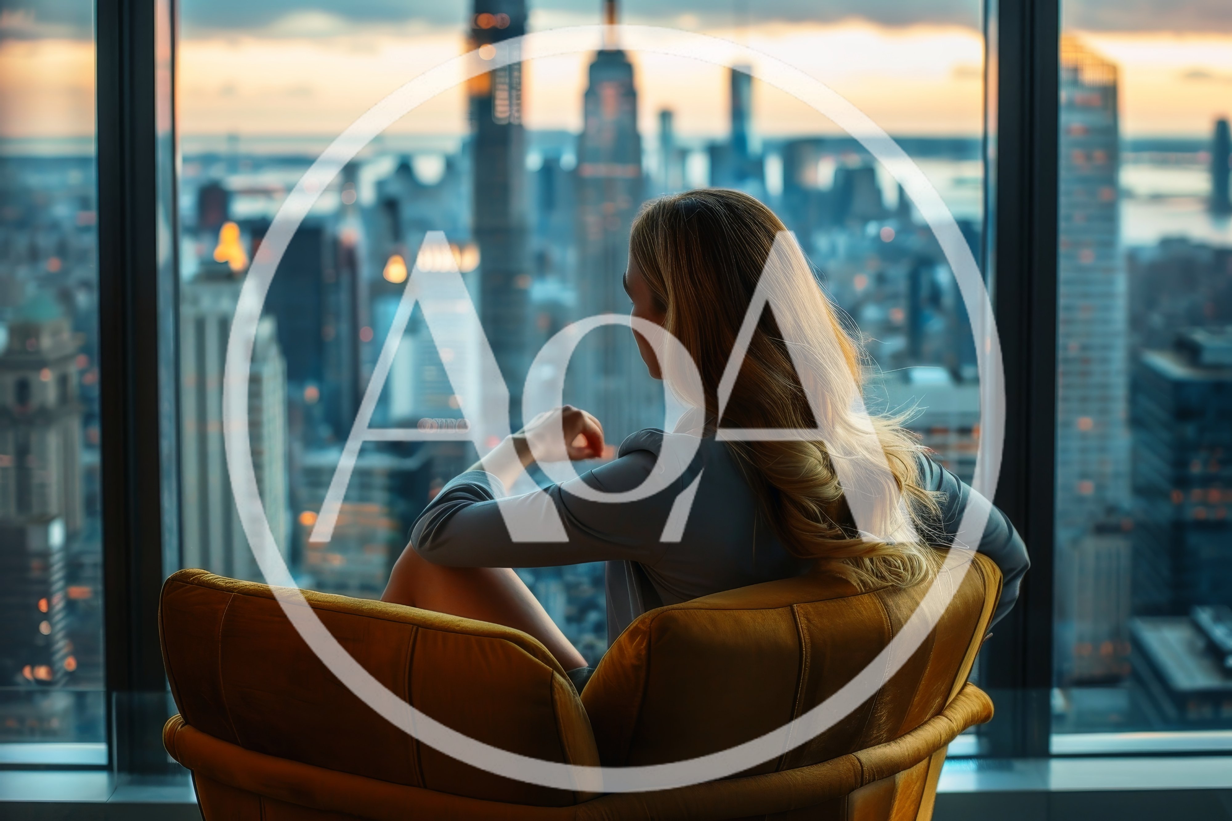 Businesswoman Looking Out Of High Rise Window At Sunset
