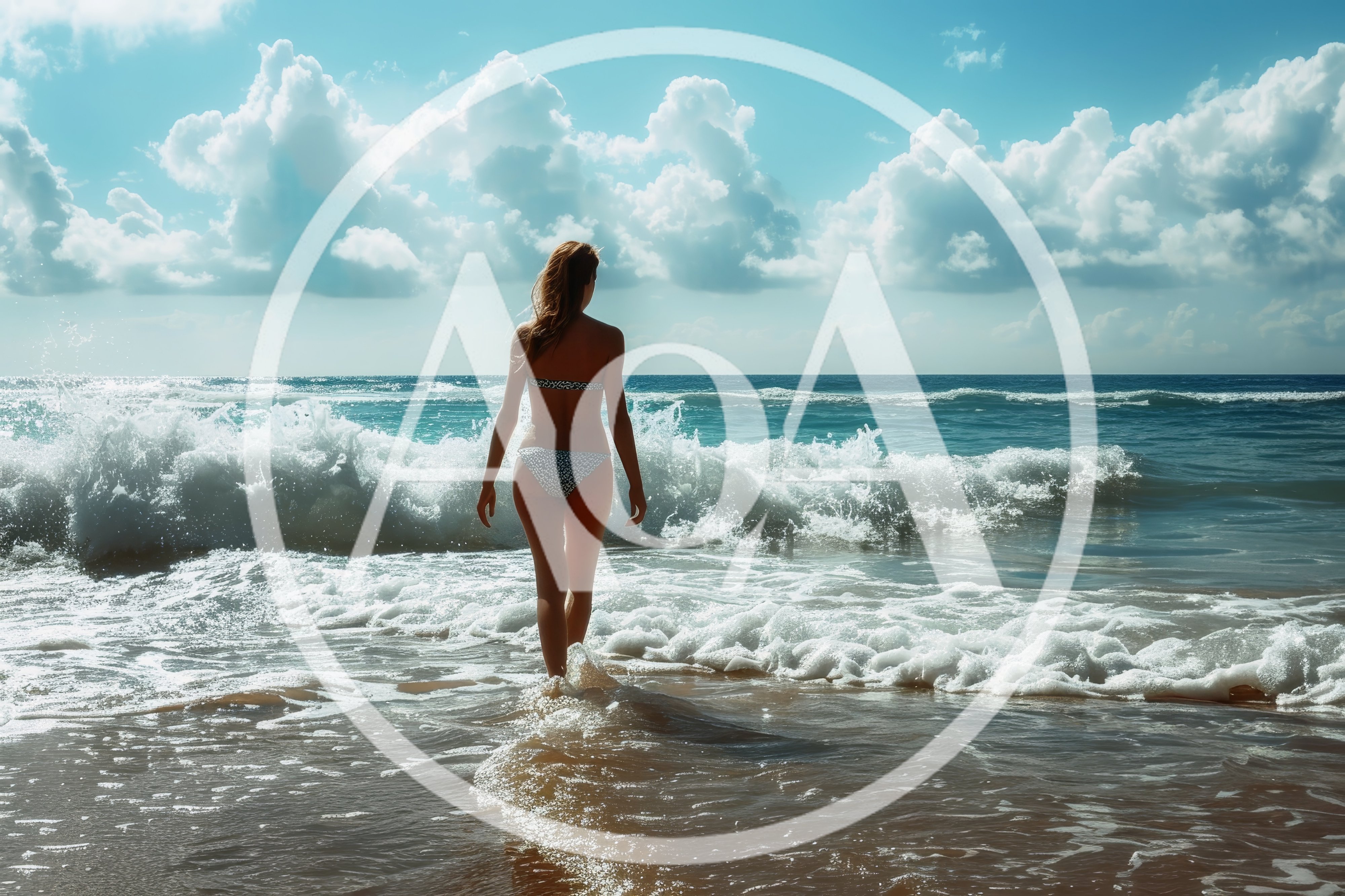 Woman Walking Into Ocean Waves On Sunny Beach