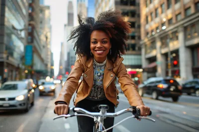 Young Woman Cycling Through Busy City Street