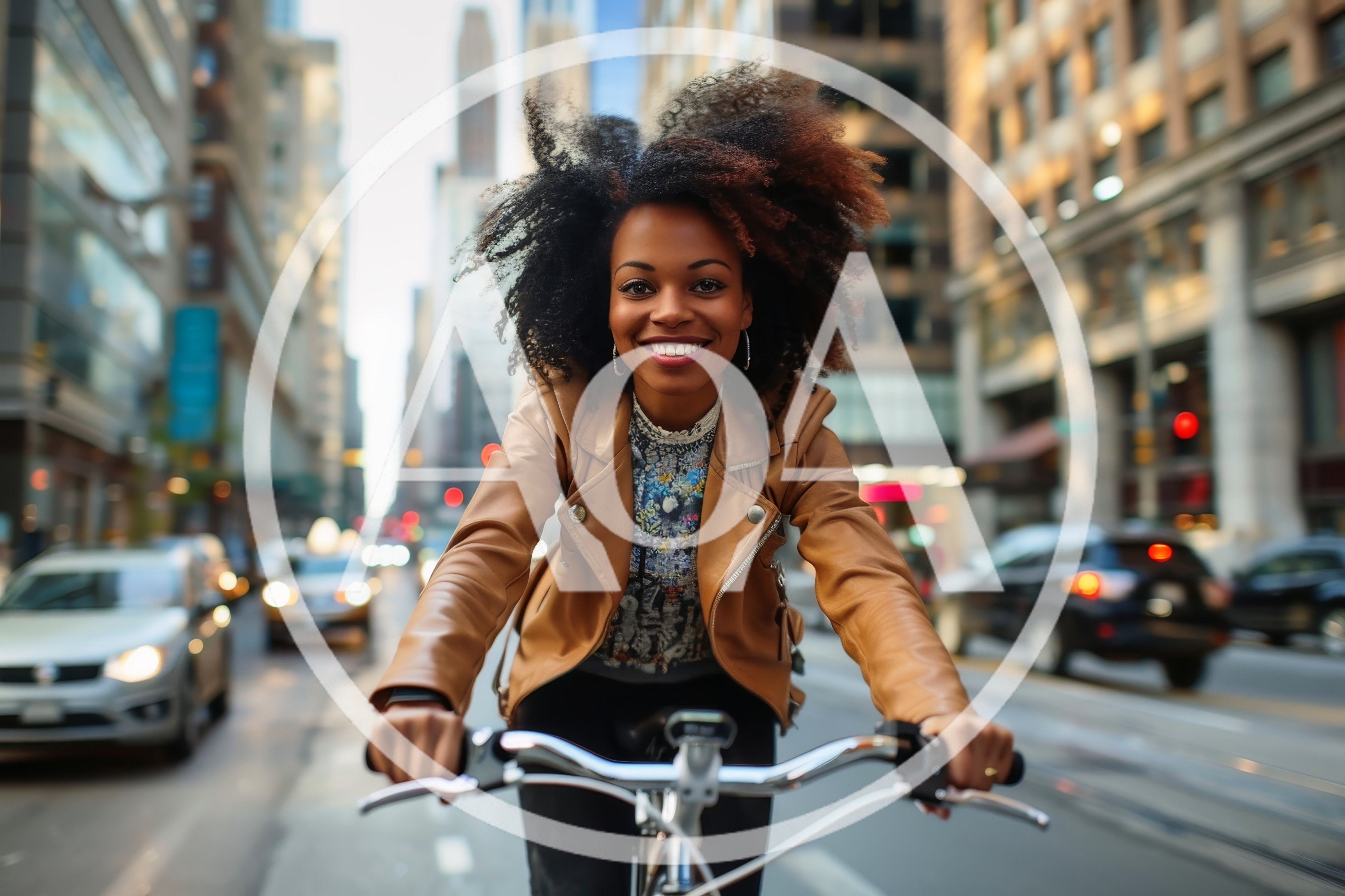 Young Woman Cycling Through Busy City Street