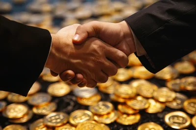 Businessmen Shaking Hands Over A Pile Of Gold Coins