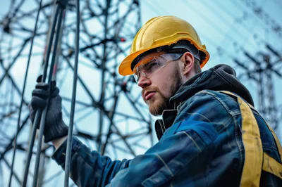 Electrical Lineman Working Near High Voltage Power Tower