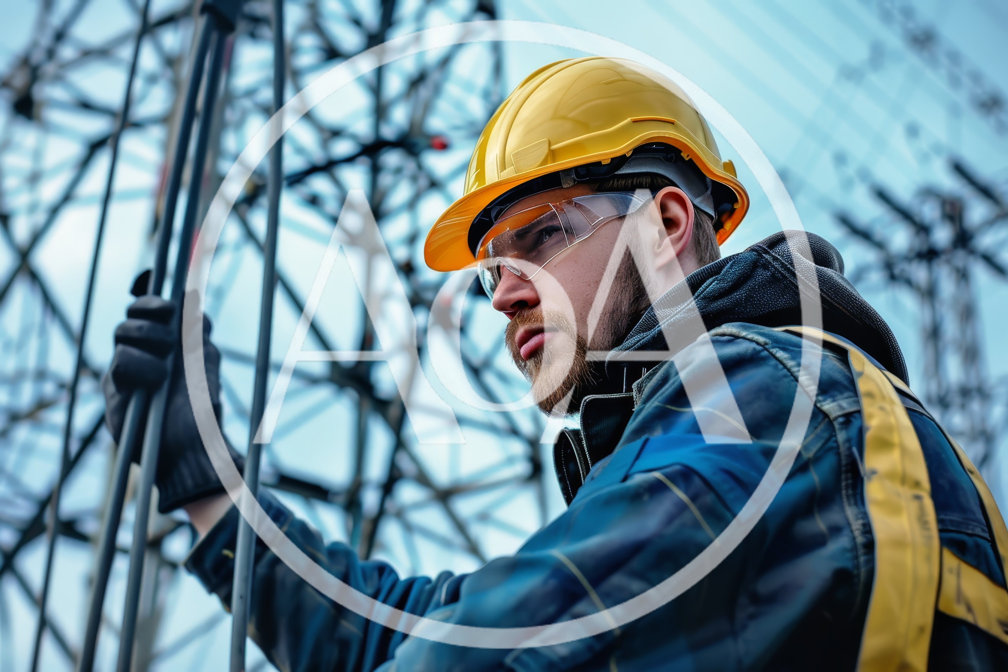 Electrical Lineman Working Near High Voltage Power Tower