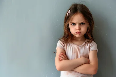 Portrait Of A Grumpy Little Girl With Crossed Arms