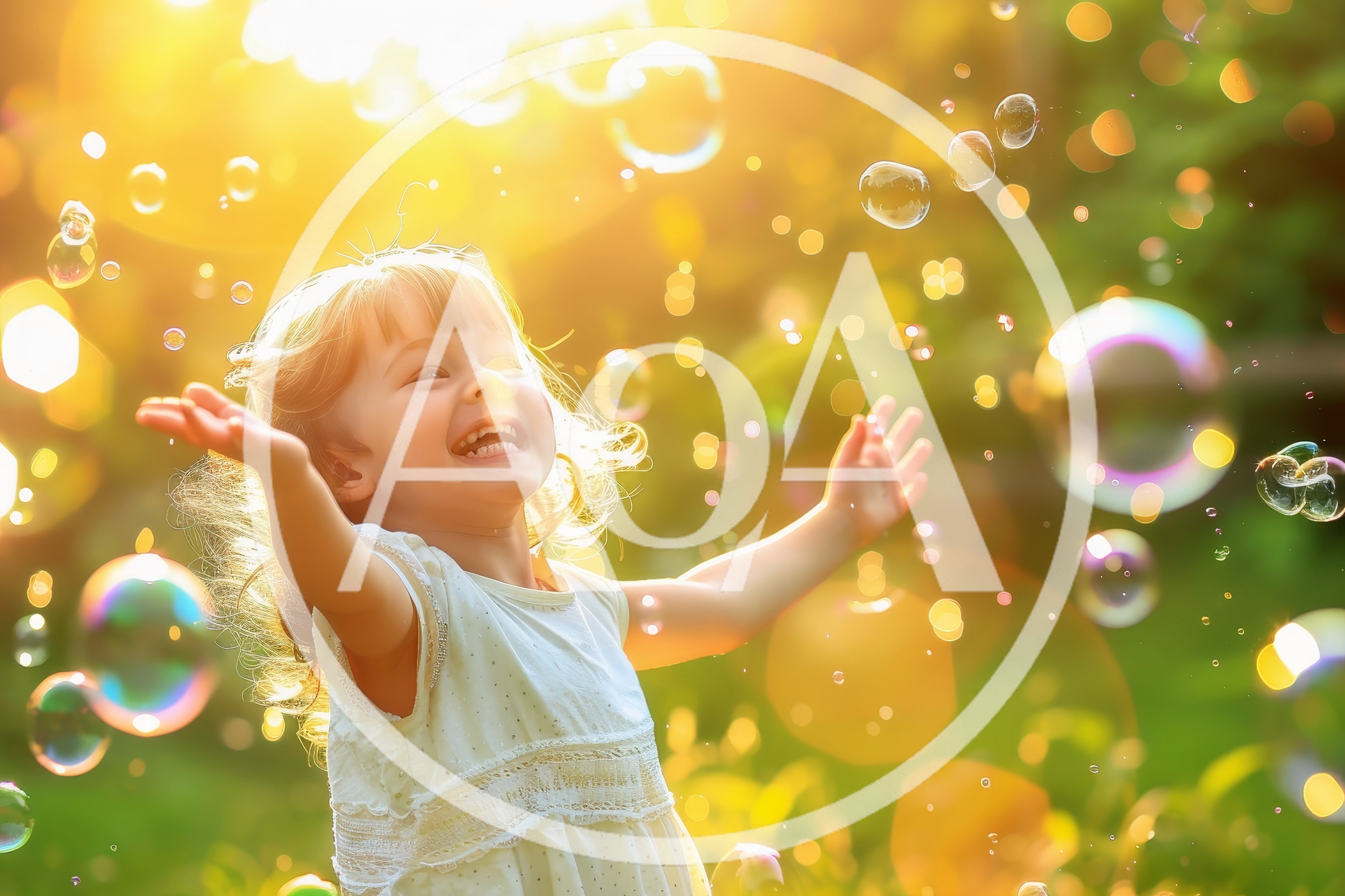 Happy Little Girl Playing With Bubbles Outdoors