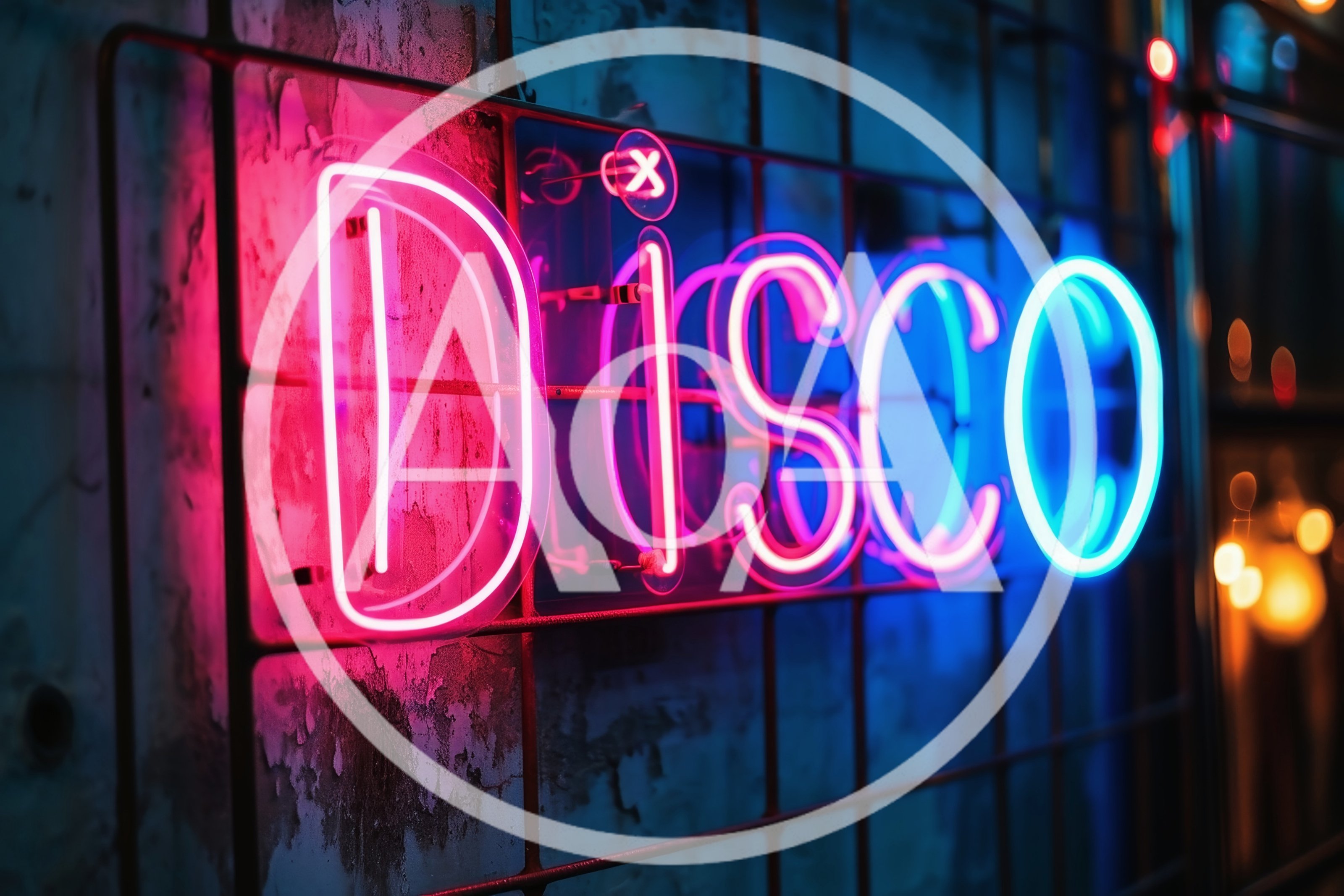 Neon Disco Sign Glowing On A Metal Grid Wall