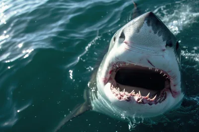 Great White Shark Emerging From Deep Ocean Water