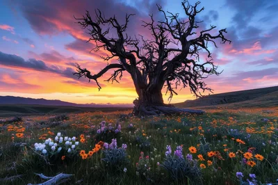 Ancient Twisted Tree In A Vibrant Wildflower Meadow