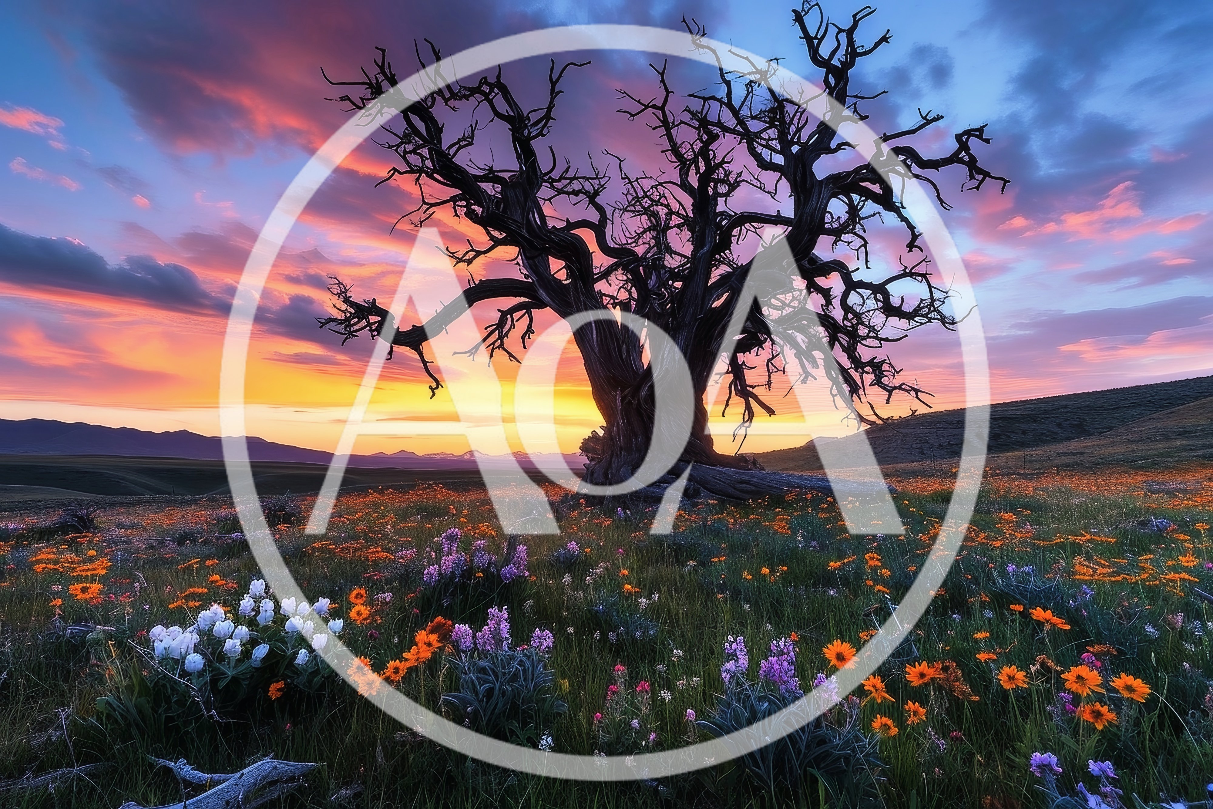 Ancient Twisted Tree In A Vibrant Wildflower Meadow
