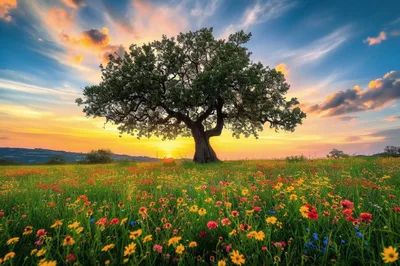 Solitary Oak Tree In A Vibrant Wildflower Meadow