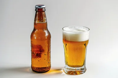 Cold Beer Bottle and Full Glass on White Background