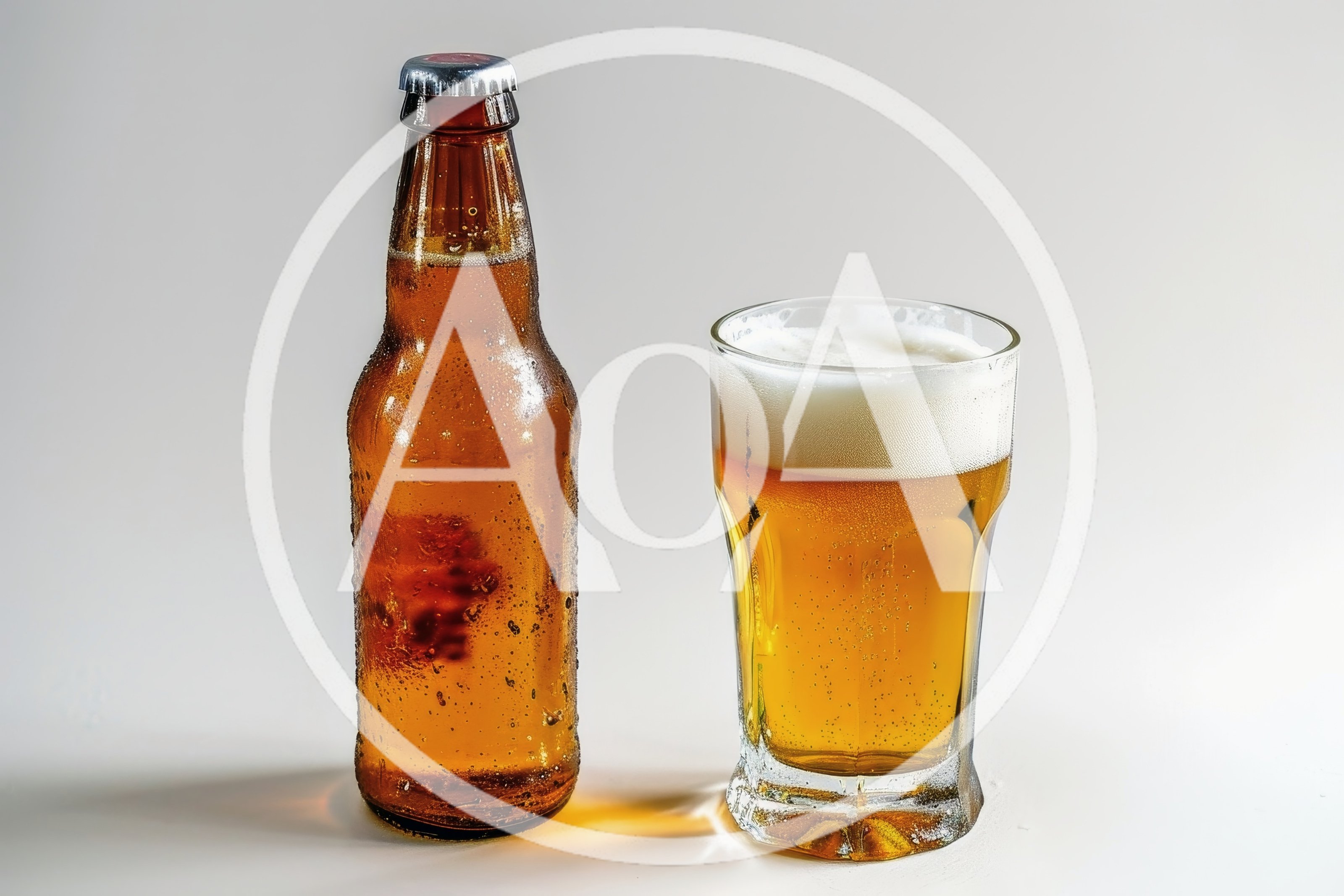 Cold Beer Bottle and Full Glass on White Background