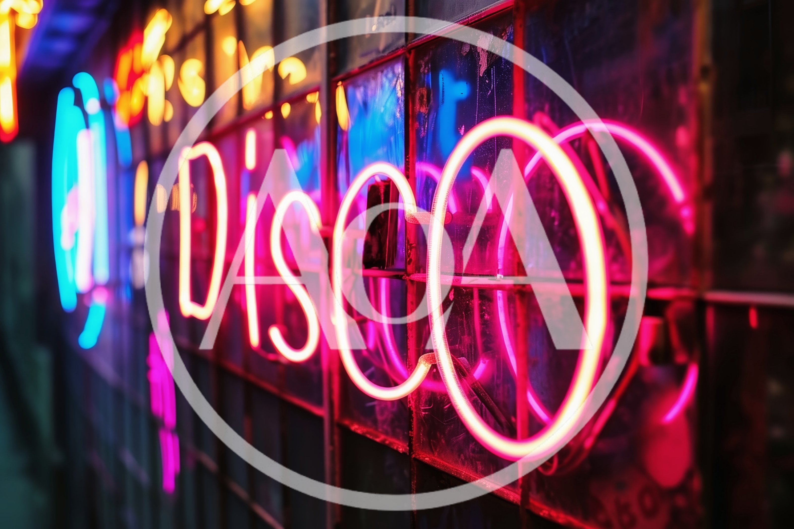 Neon Disco Sign Glowing On A Dark Window