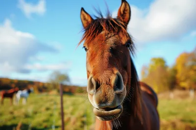 Close Up Portrait Of A Brown Horse In A Field