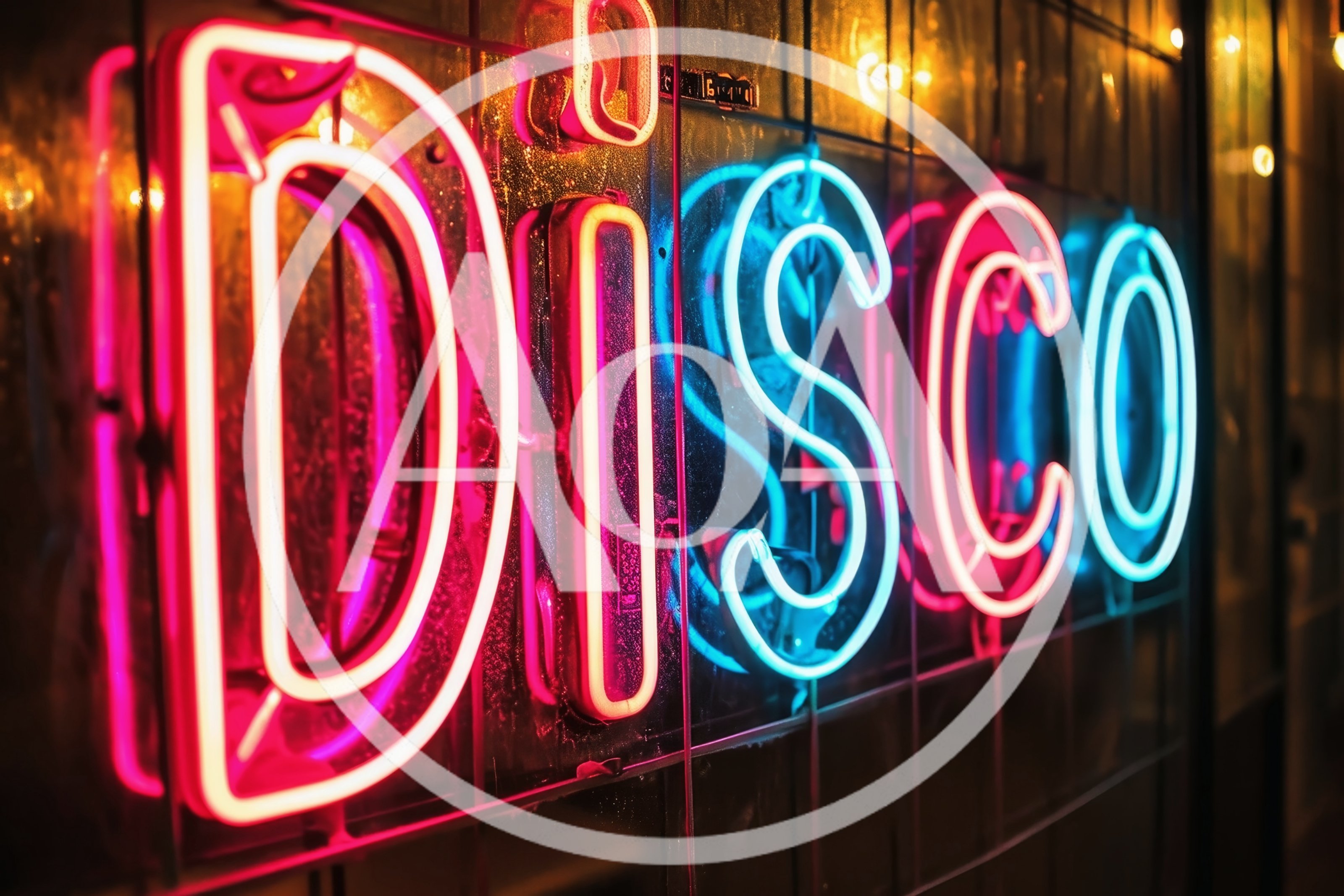 Neon Disco Sign Glowing On A Glass Wall