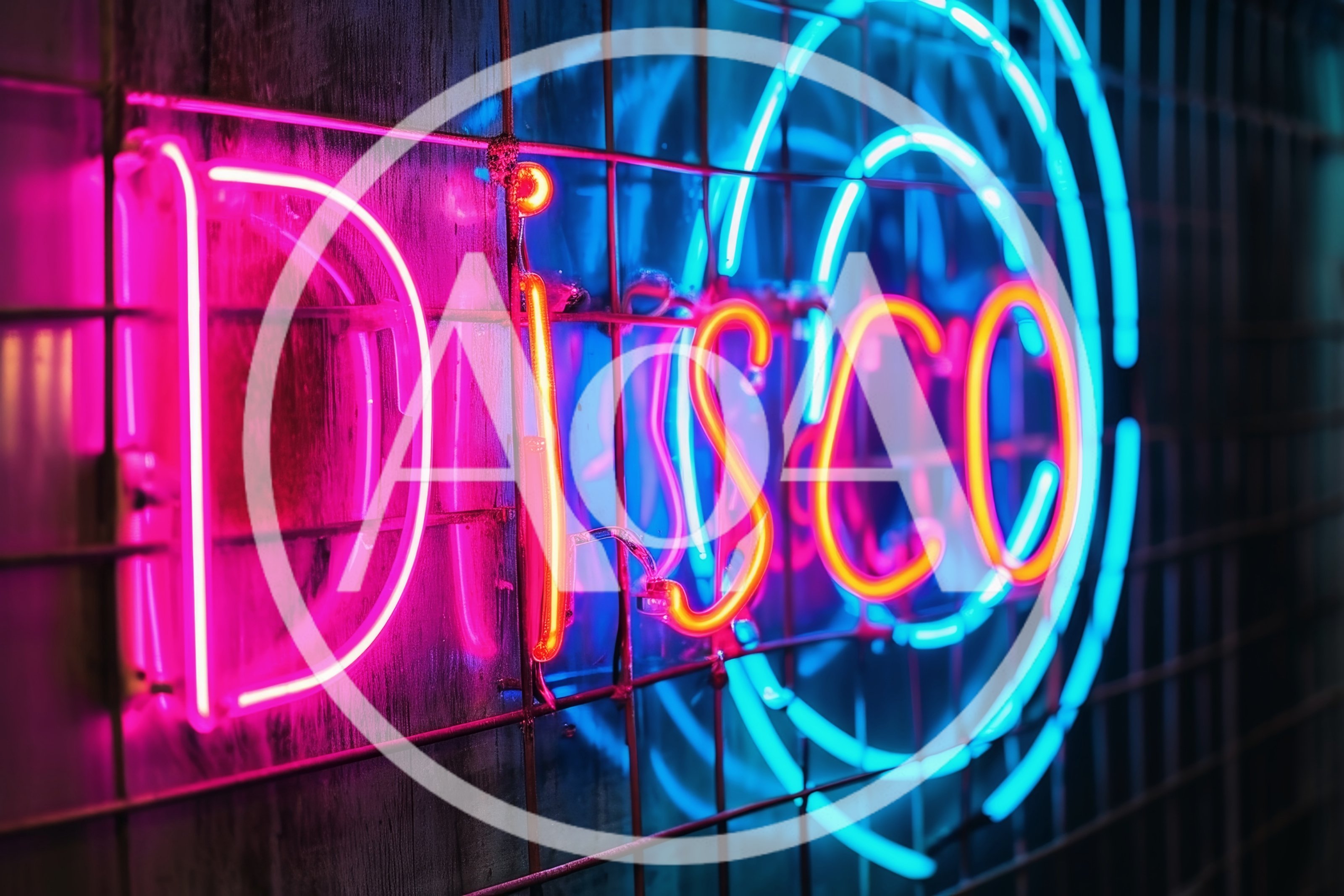 Neon Disco Sign Mounted On A Metal Grid Wall