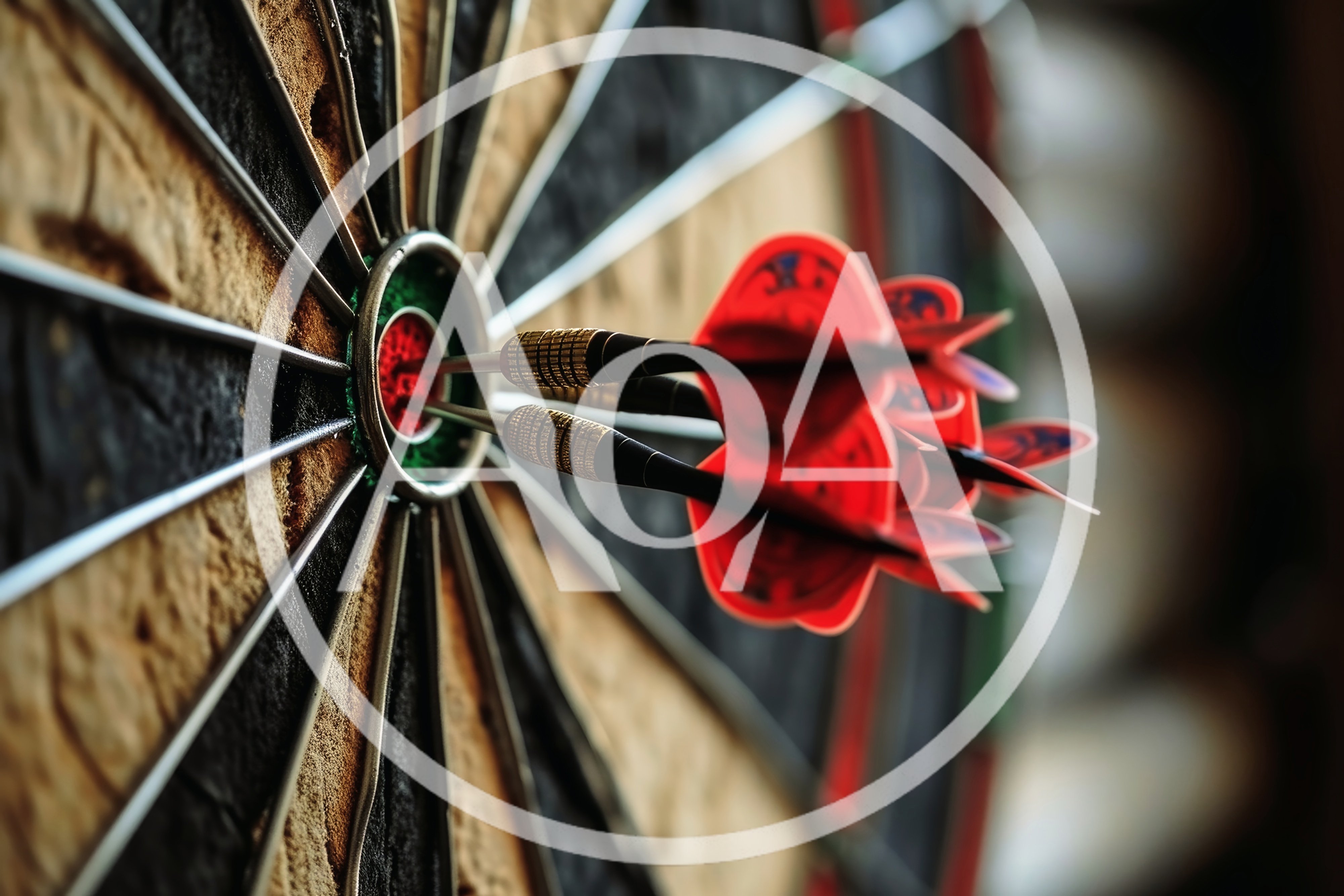 Three Darts Hitting The Bullseye On A Dartboard