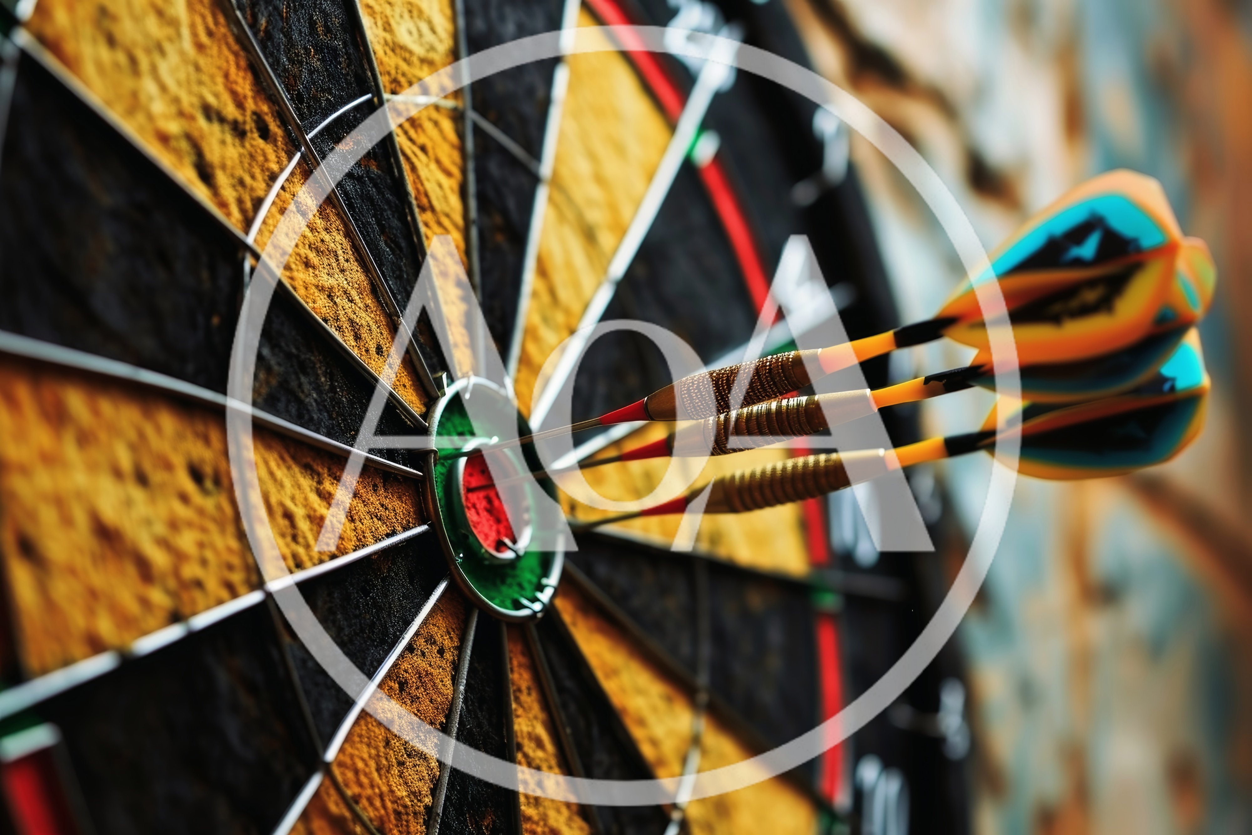 Three Darts Hitting The Bullseye On A Dartboard