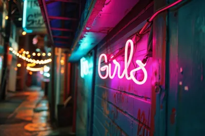 Neon Girls Sign On A Dark Urban Alleyway Wall