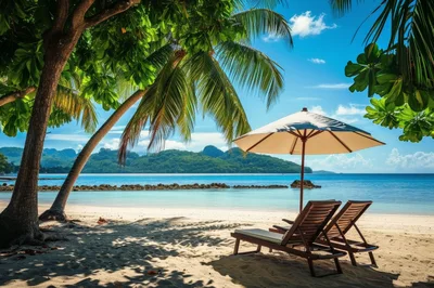 Two Empty Wooden Beach Chairs Under A Parasol