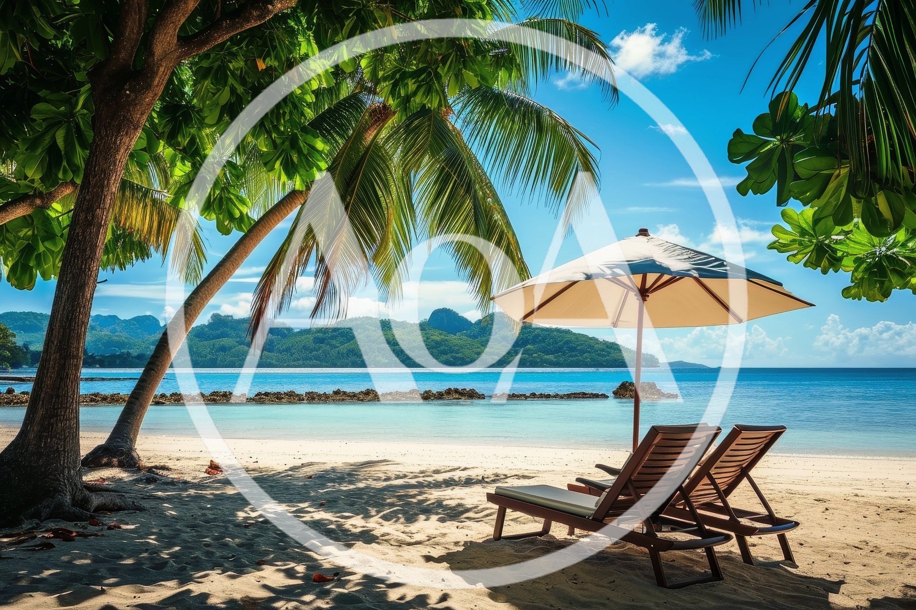 Two Empty Wooden Beach Chairs Under A Parasol