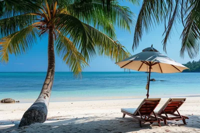 Two Empty Beach Lounge Chairs Under A Parasol