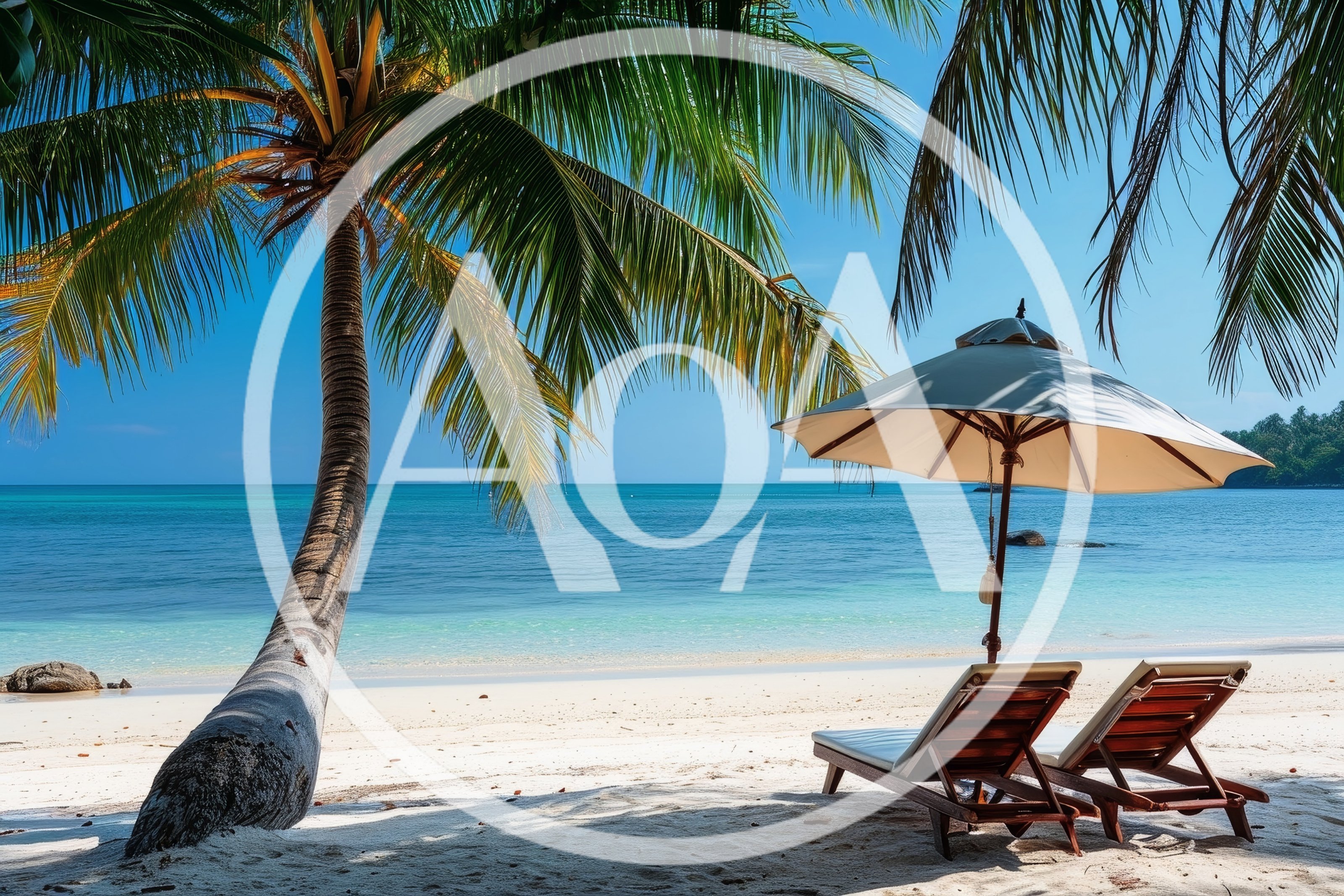 Two Empty Beach Lounge Chairs Under A Parasol