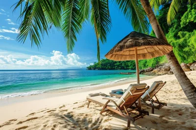 Two Empty Beach Lounge Chairs Under A Straw Umbrella