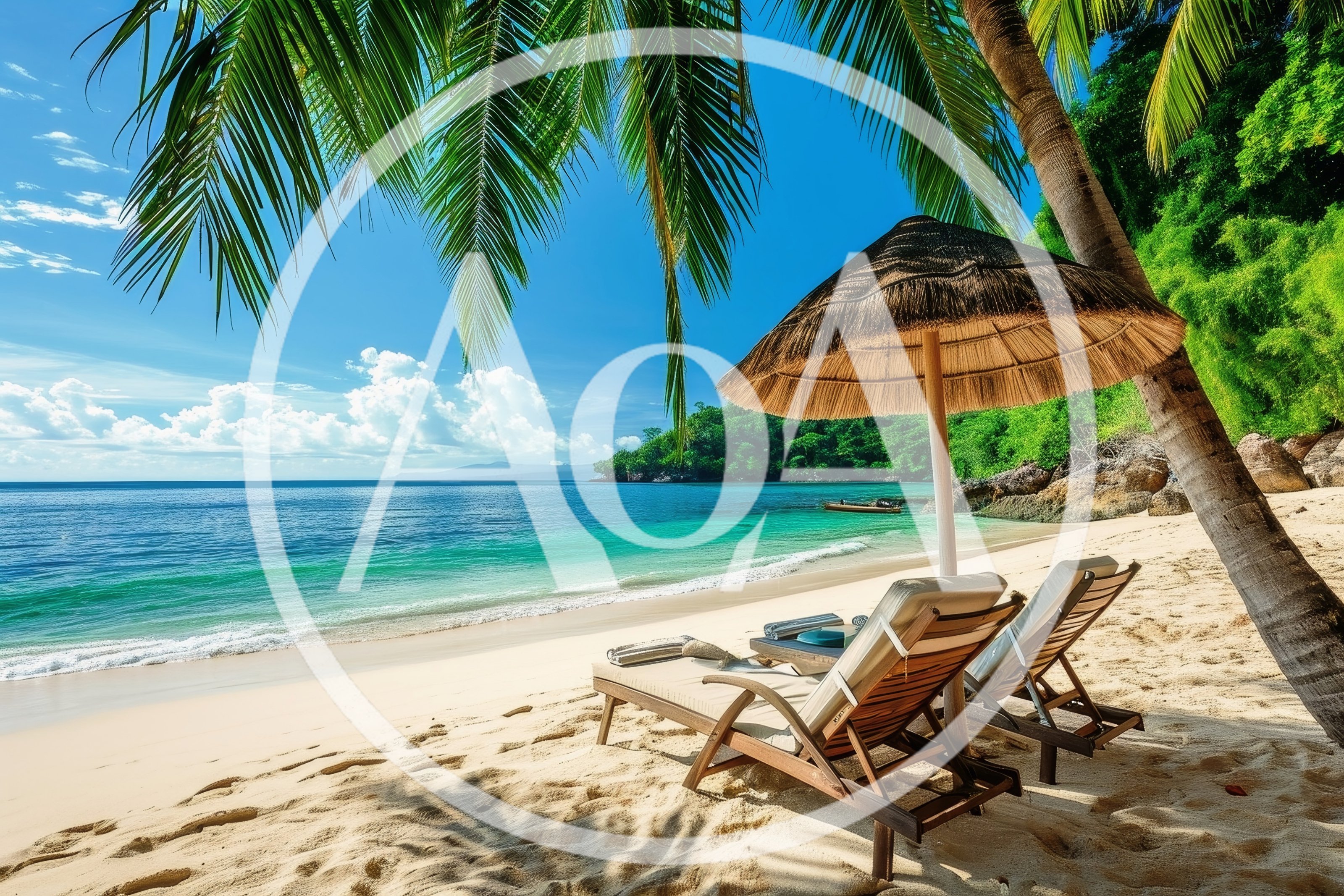 Two Empty Beach Lounge Chairs Under A Straw Umbrella
