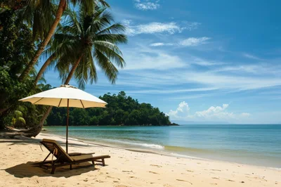 Empty Beach Lounge Chair Under Umbrella
