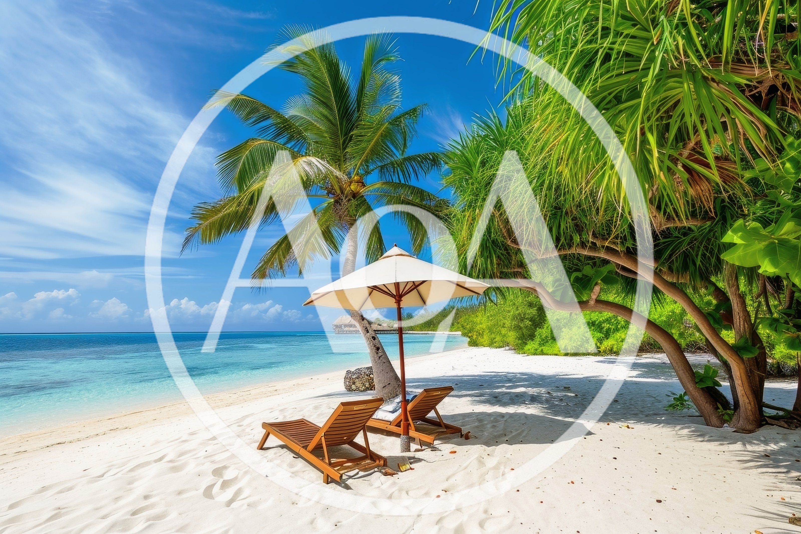 Empty Wooden Beach Chairs Under Umbrella On Tropical Shore