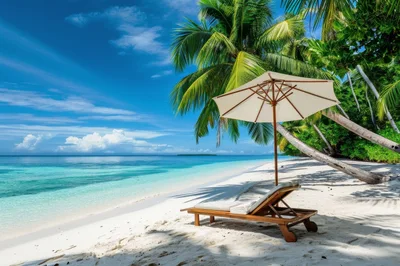 Empty Wooden Lounge Chair Under Beach Umbrella
