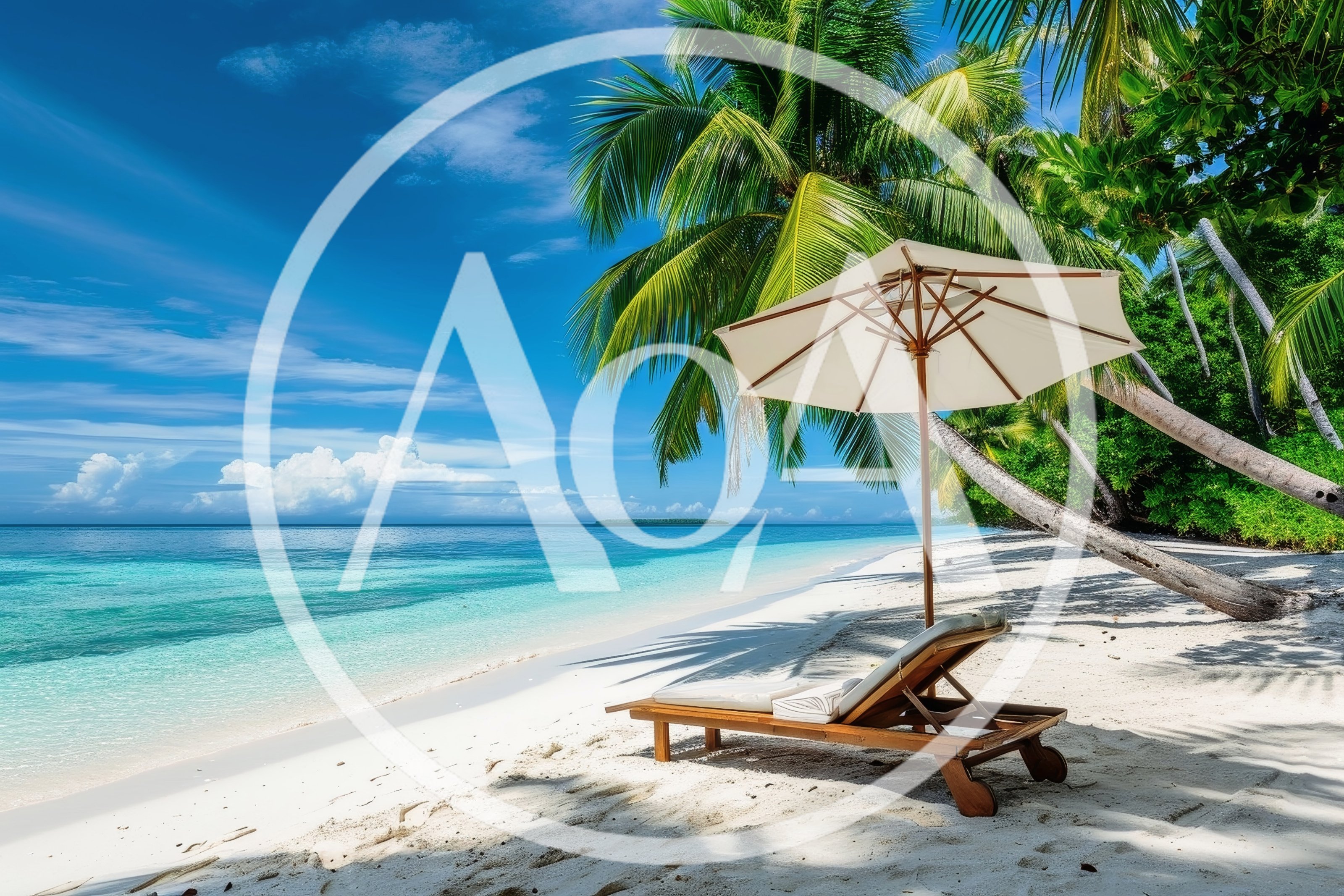 Empty Wooden Lounge Chair Under Beach Umbrella