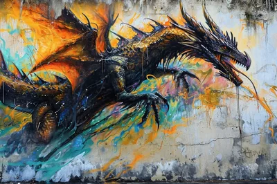 Vibrant Dragon Graffiti Mural On Concrete Wall