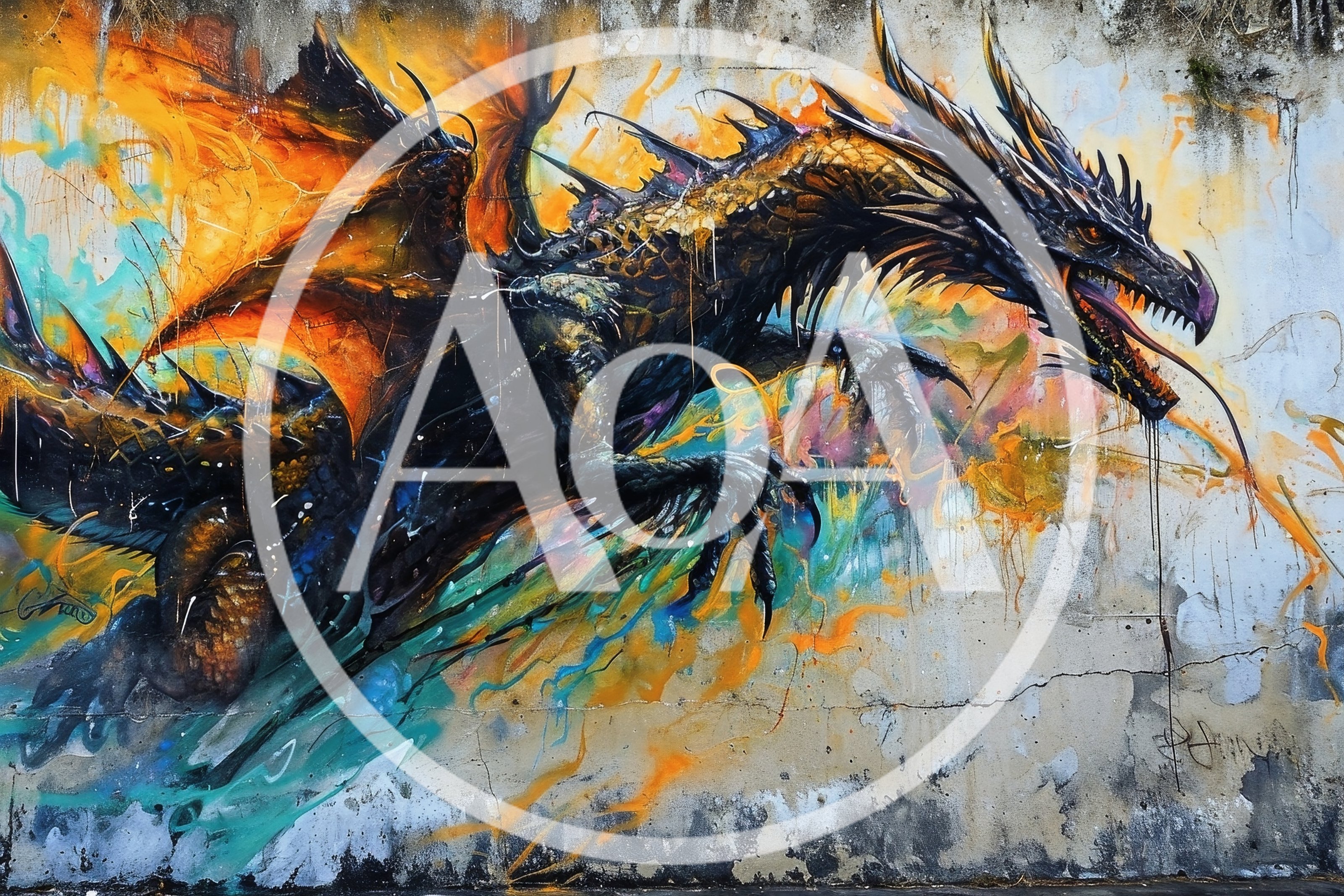 Vibrant Dragon Graffiti Mural On Concrete Wall