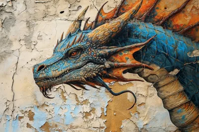 Detailed Dragon Mural Painted On Weathered Concrete Wall