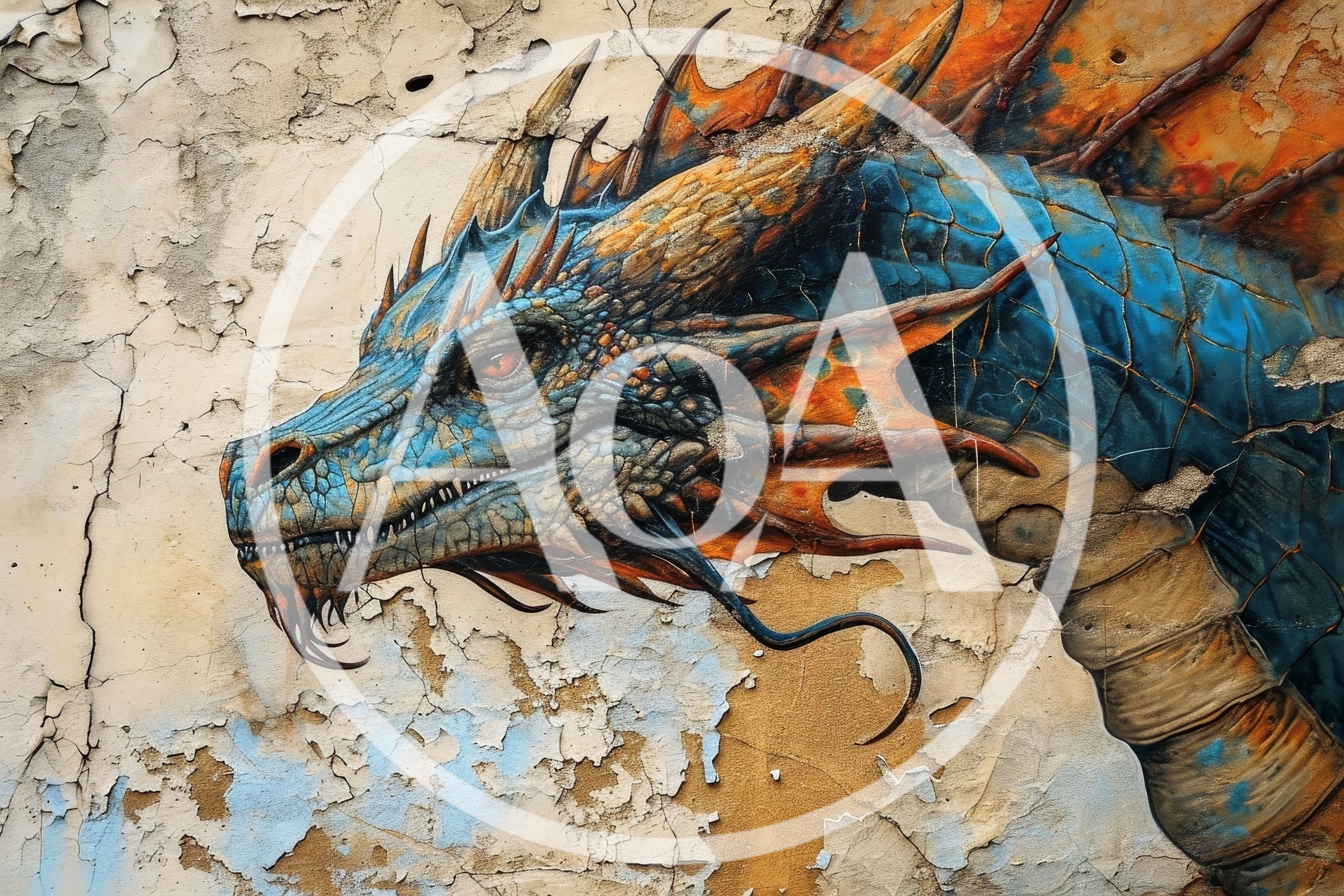 Detailed Dragon Mural Painted On Weathered Concrete Wall