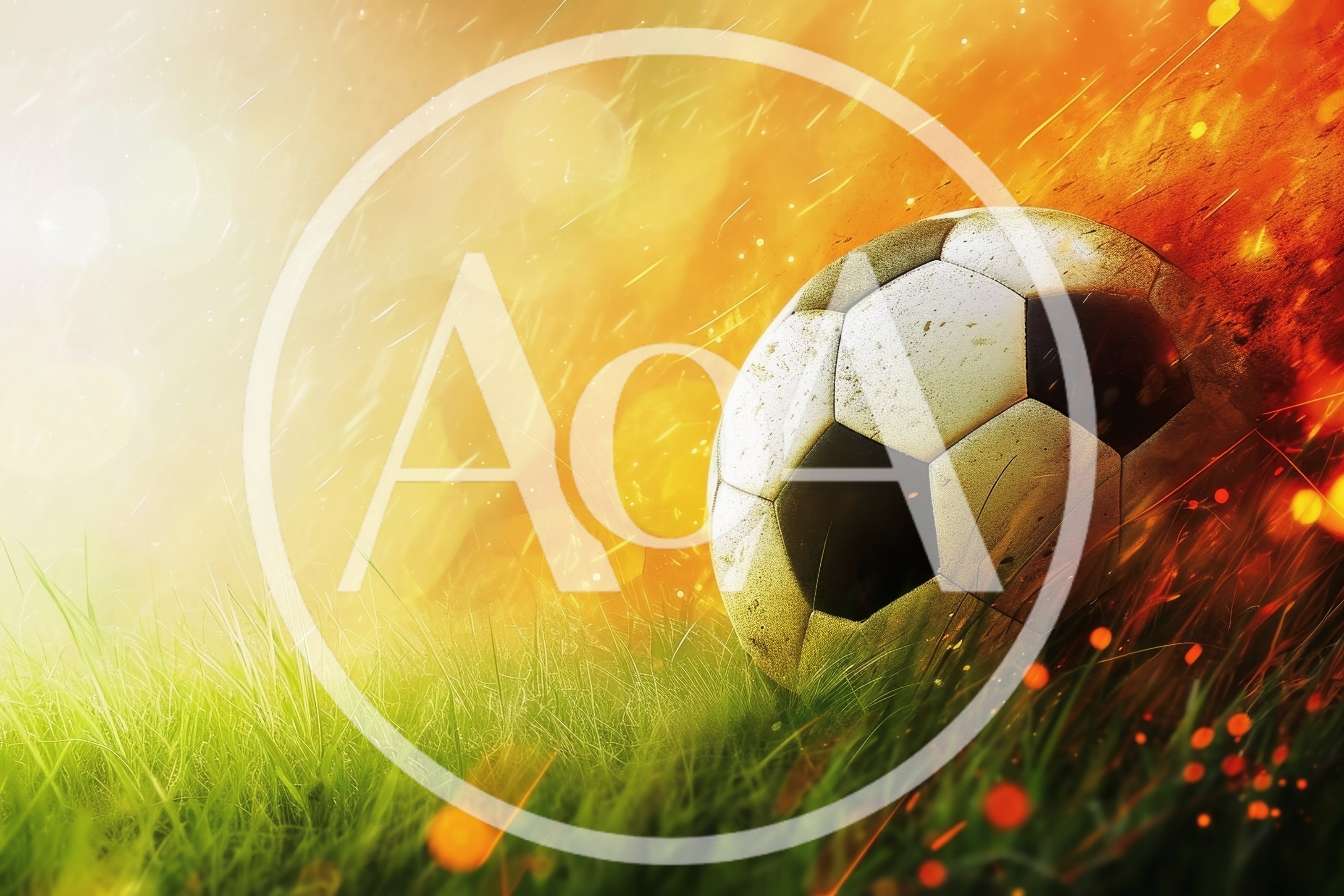 Soccer Ball Resting On Grass With Fiery Background