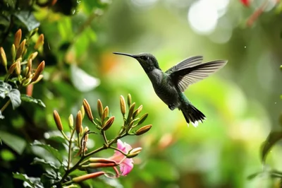 Ruby-Throated Hummingbird Hovering Near Honeysuckle Flowers