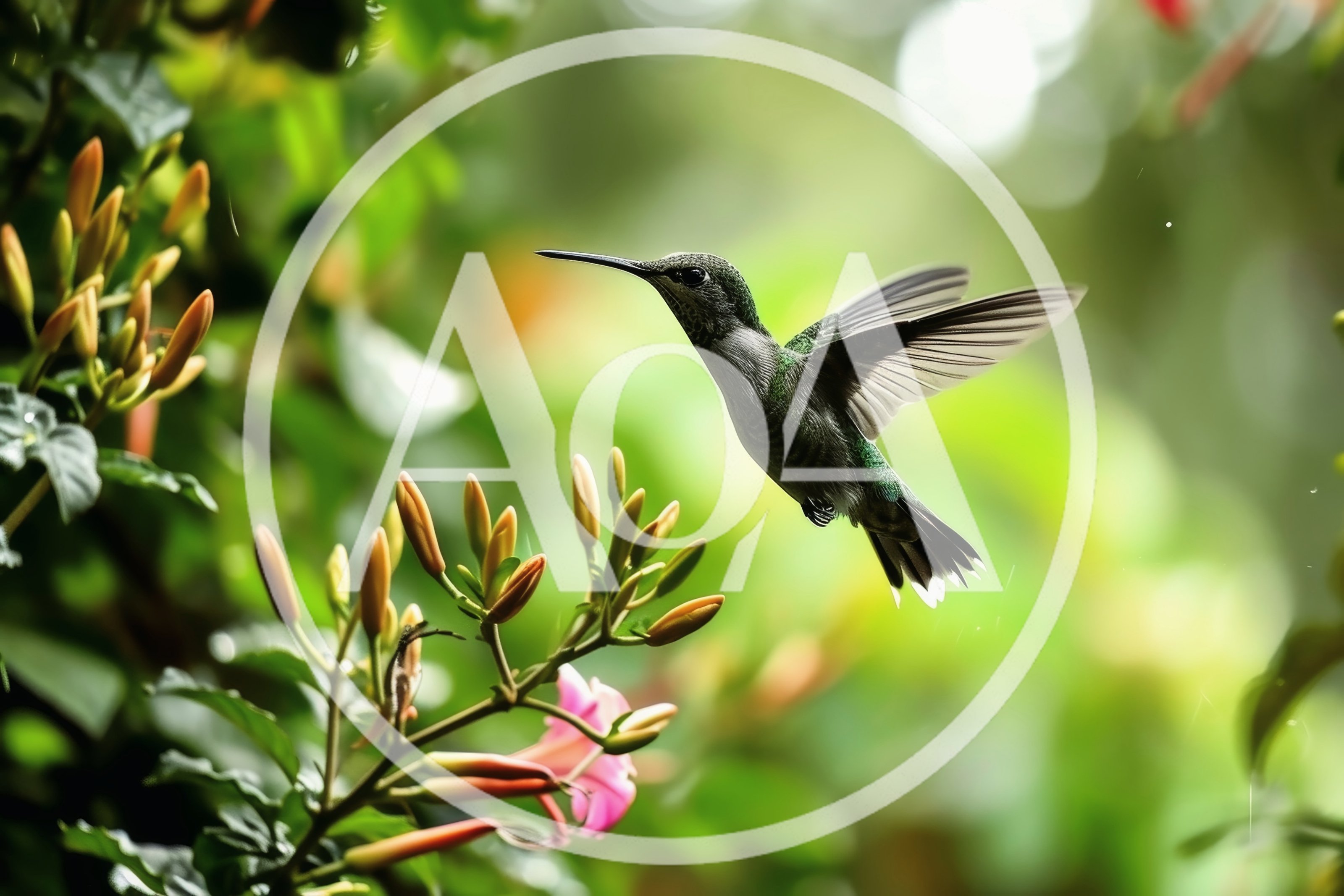 Ruby-Throated Hummingbird Hovering Near Honeysuckle Flowers