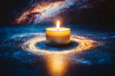 Lit Candle With Glowing Golden Ring On Cosmic Surface