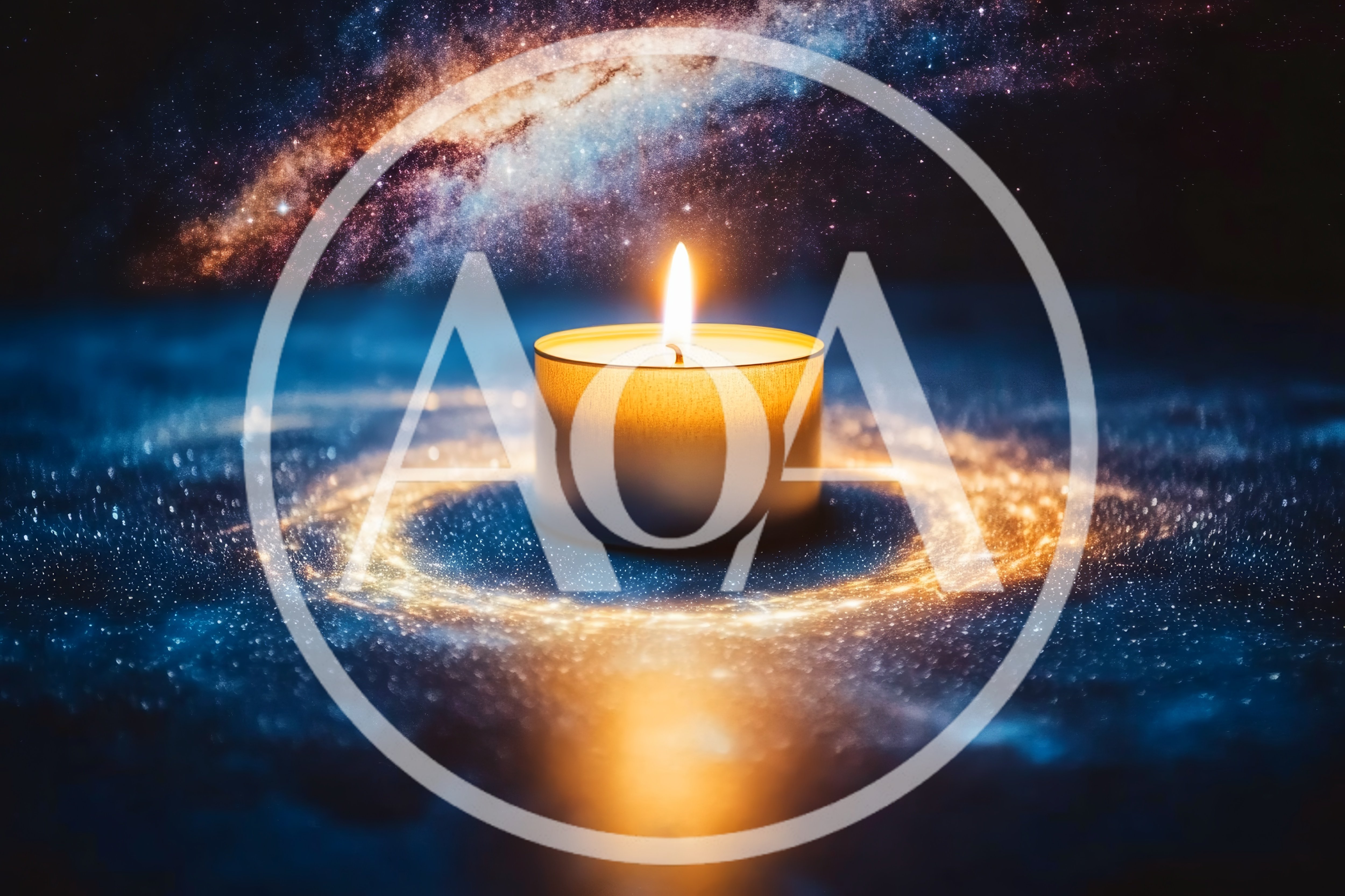 Lit Candle With Glowing Golden Ring On Cosmic Surface