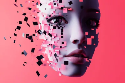 Digital Human Face Disintegrating Into Geometric Pixels