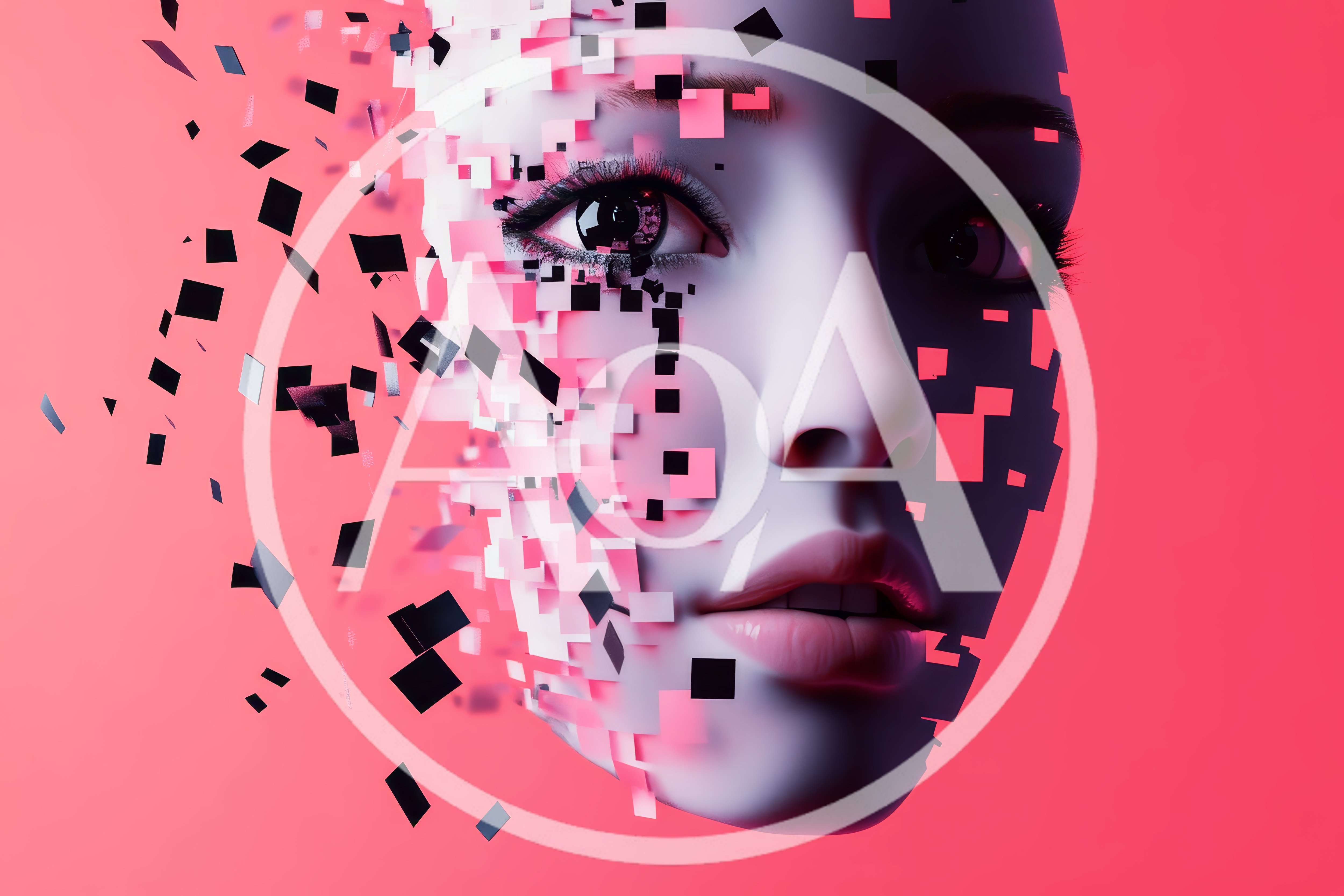 Digital Human Face Disintegrating Into Geometric Pixels