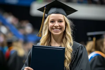 Happy Young Woman Holding Diploma At Graduation Ceremony