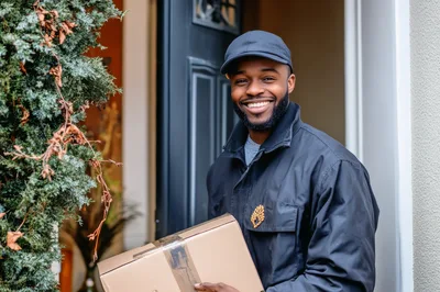 Smiling Delivery Driver Holding Package At Front Door