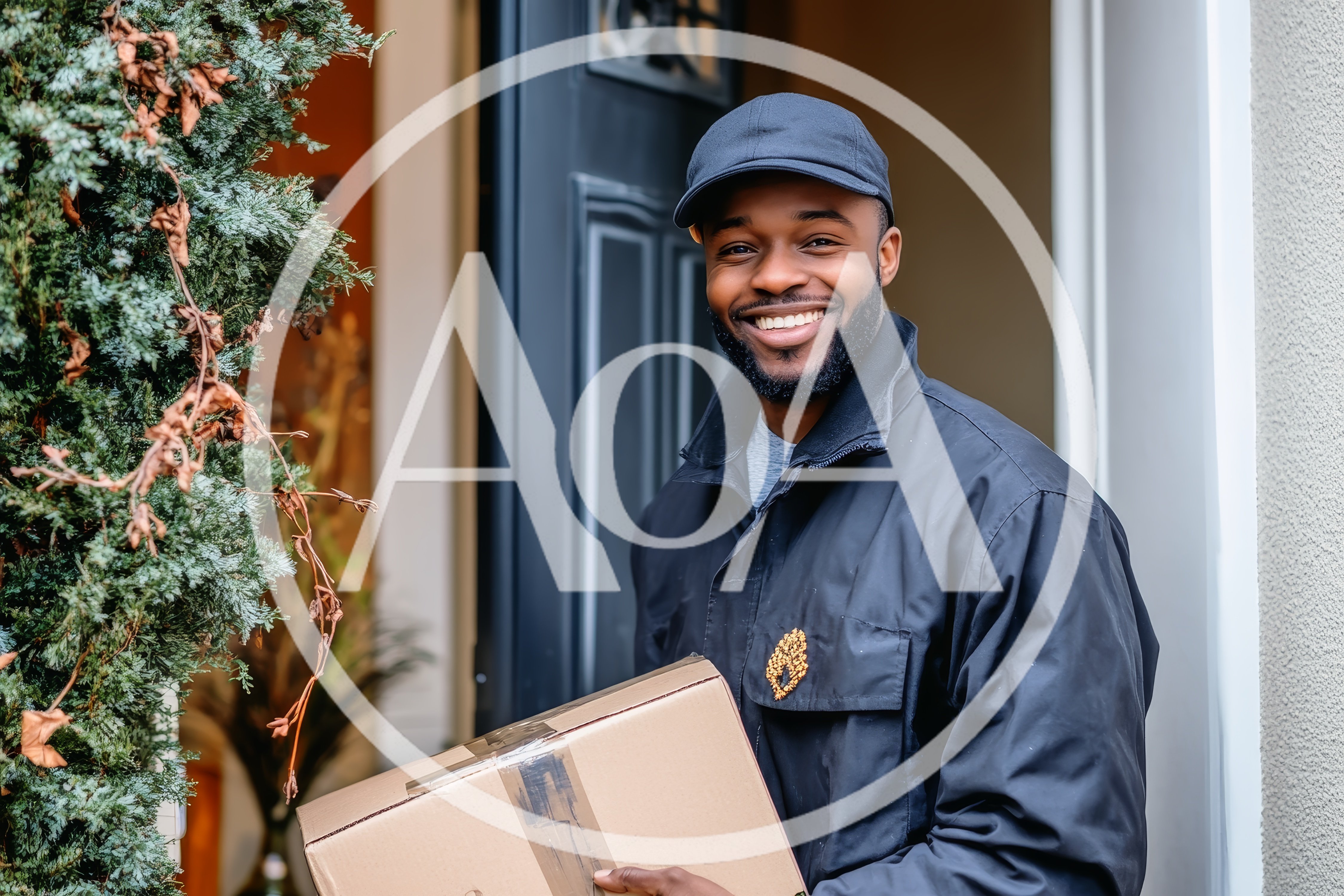 Smiling Delivery Driver Holding Package At Front Door